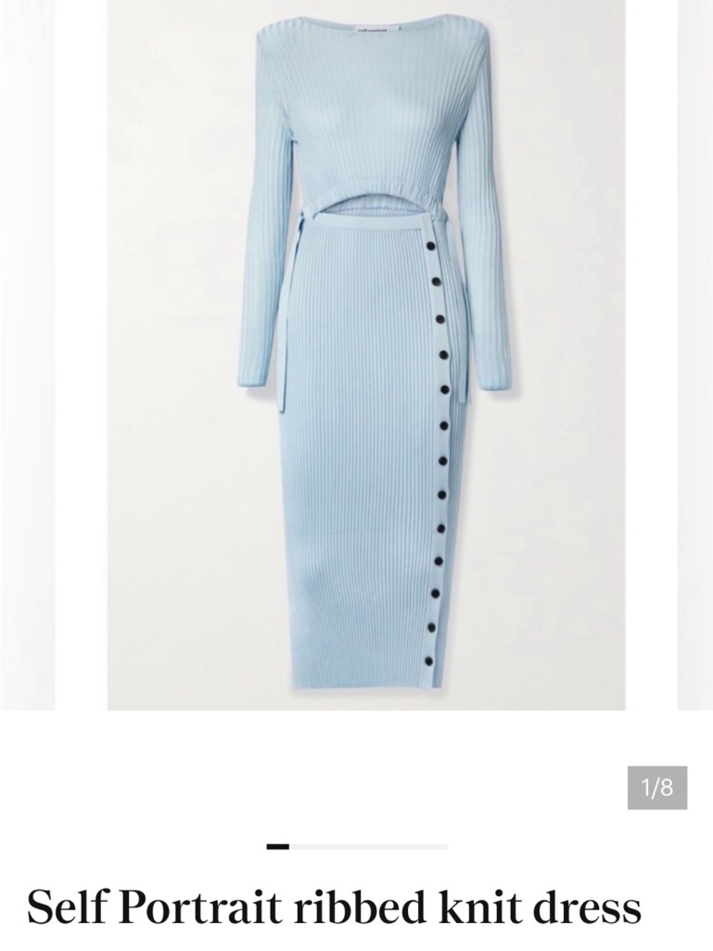 Self-Portrait Powder Blue Ribbed Knit Midi Dress with Side Buttons